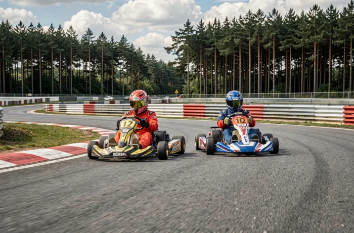 Deux karts en pleine course côte à côte dans un virage d'un circuit de karting en Belgique