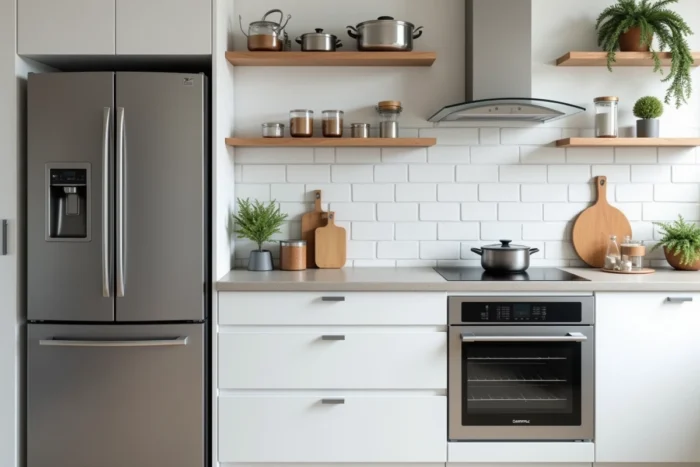 Cuisine moderne équipée avec réfrigérateur, four encastré et plaque à induction pour une maison fonctionnelle