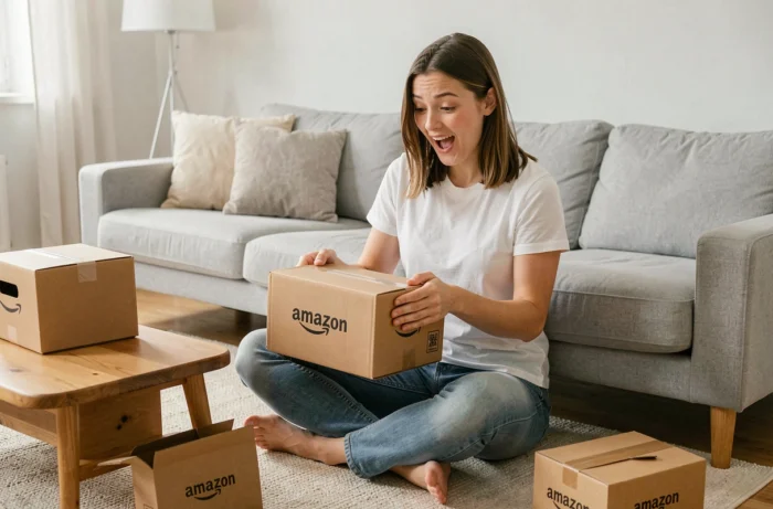 Jeune femme déballant un colis Amazon livré à domicile après une commande en ligne réussie