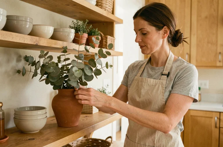 Femme arrangeant des branches d'eucalyptus dans un vase en terre cuite sur une étagère de cuisine en bois, décoration intérieure naturelle et chaleureuse