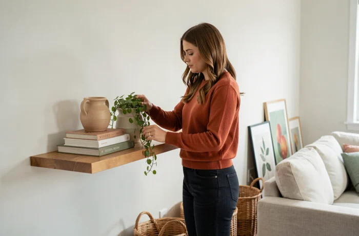 Femme arrangeant des objets décoratifs sur une étagère murale en bois dans un salon fraîchement rénové