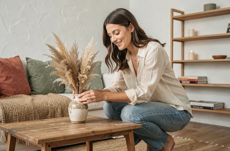 Jeune femme aménageant une décoration tendance à petit prix avec herbe de la pampa et vase céramique chiné dans un salon bohème et chaleureux