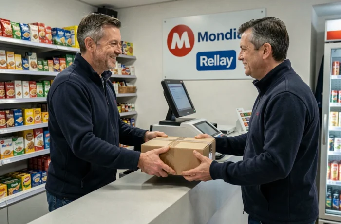 Homme déposant un colis dans un point relais Mondial Relay chez un commerçant de quartier