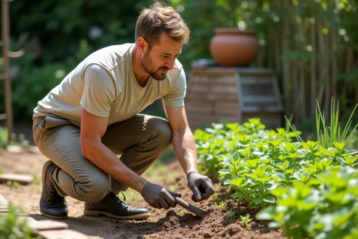 Homme utilisant une serfouette pour désherber le pourpier entre les rangs de légumes