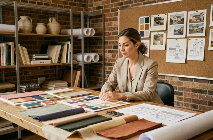 Designer d'intérieur féminine dans un studio créatif entouré de swatches de tissu, palettes de couleurs et croquis architecturaux pour des services sur mesure