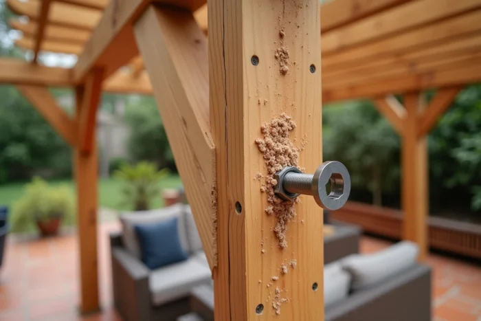 Détail de l'assemblage en bois d'une pergola avec boulon et clé à cliquet sur un chantier jardin