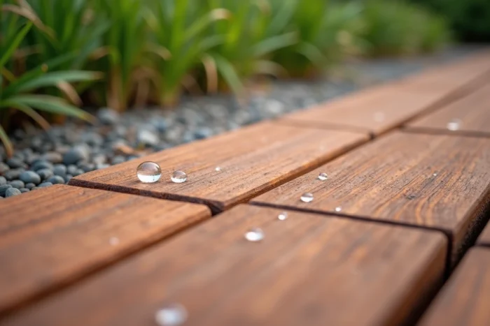 Gros plan sur des lames de terrasse en bois exotique cumaru avec détail du grain et gouttes d'eau naturelles