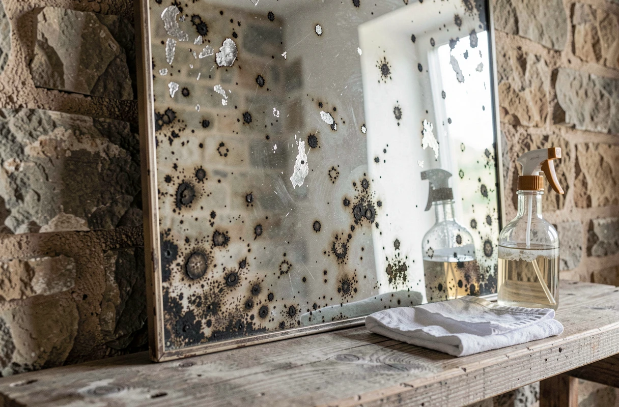 Gros plan sur un miroir ancien très piqué avec des taches noires et des zones désilverées, accompagné d'un spray et d'un chiffon pour le restaurer