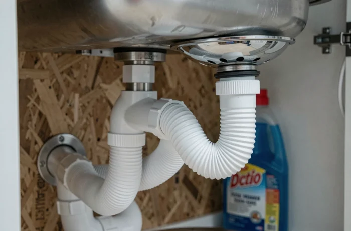 Détail du raccordement du tuyau d'évacuation de lave-vaisselle sur le siphon d'un évier en inox