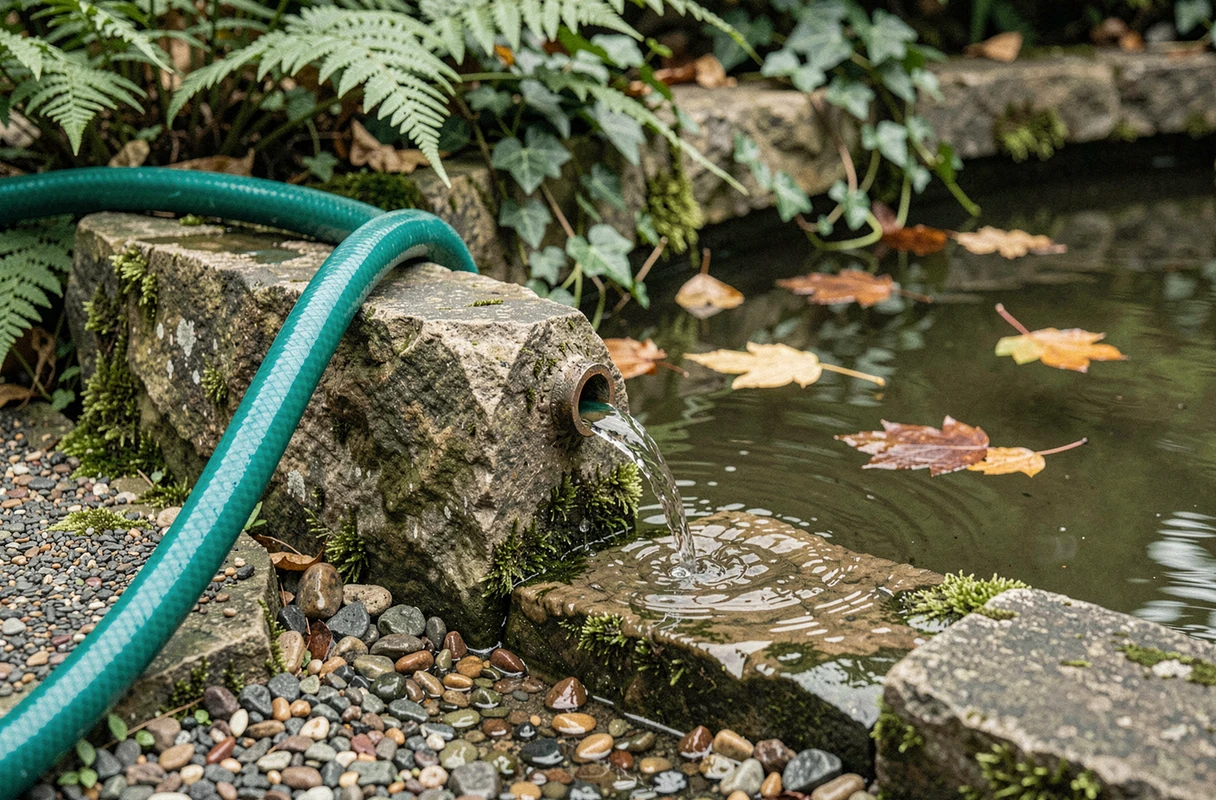 Gros plan sur un tuyau siphon posé sur le bord d'un bassin de jardin, eau s'écoulant sur un chemin en gravier
