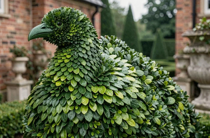 Détail d'un topiaire en forme de paon taillé dans une haie de troène avec rosée matinale