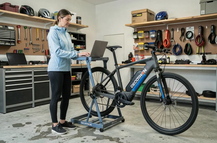 Femme diagnostiquant une panne moteur d'un vélo électrique Decathlon dans un garage domestique avec ordinateur portable