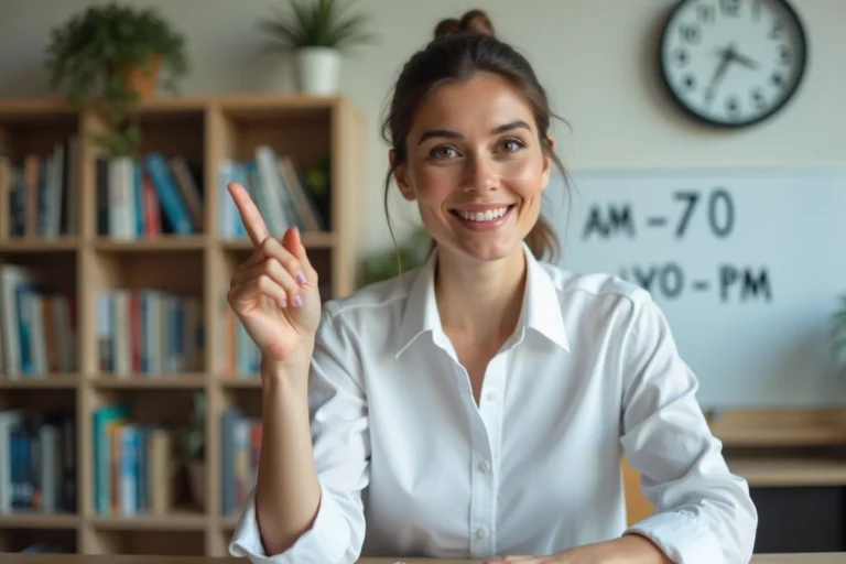 Femme pointant une horloge analogique montrant 7h00 avec les mots AM et PM écrits sur un tableau blanc en arrière-plan