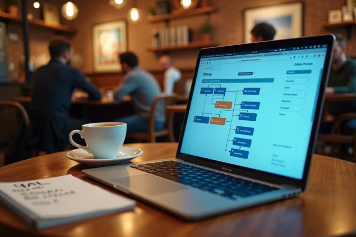 Écran d'ordinateur affichant un outil de création de sitemap web avec arborescence hiérarchique dans un café