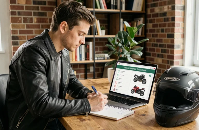 Jeune homme en veste de moto révisant le code moto sur ordinateur portable avec un casque posé sur le bureau