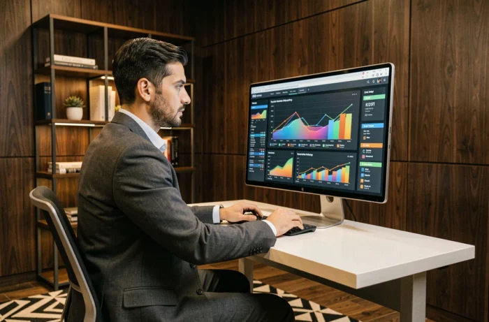 Entrepreneur masculin analysant des tableaux de bord analytiques sur grand écran dans un bureau privé moderne et minimaliste