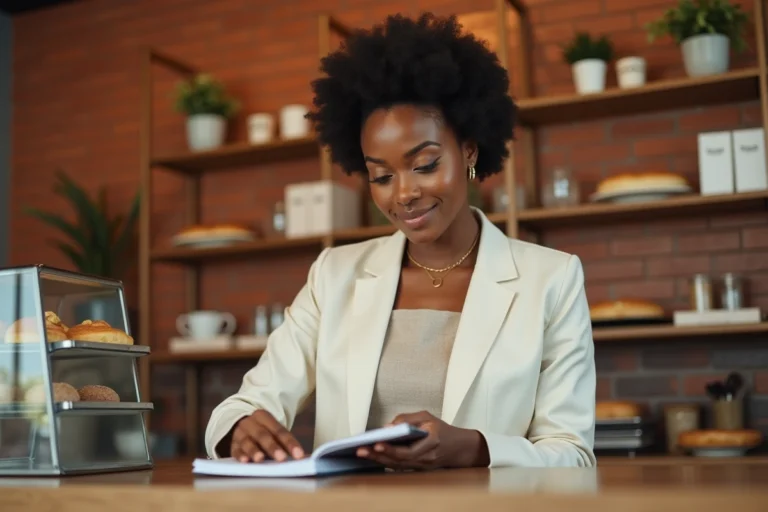 Femme entrepreneure afro-américaine consultant un carnet de business dans sa pâtisserie moderne aux tons terracotta