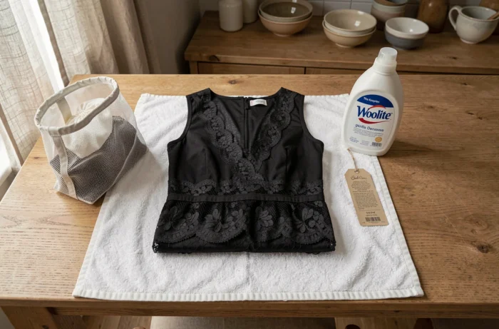 Robe The Kooples à dentelle posée à plat sur une serviette blanche avec accessoires de soin du linge