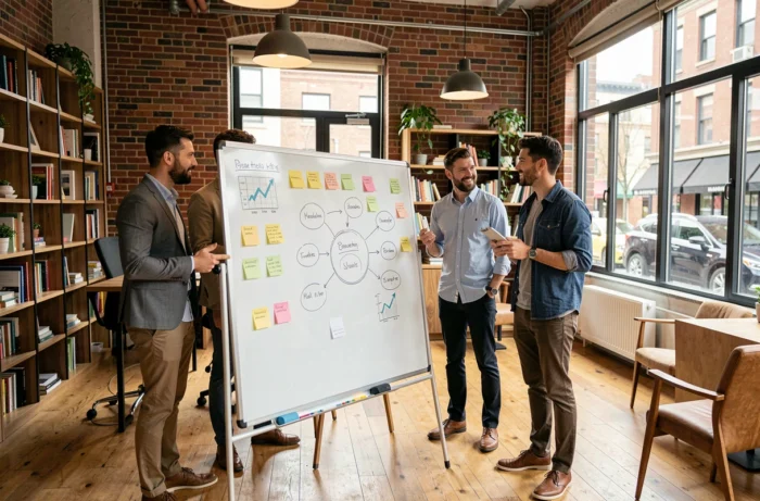 Équipe d'une agence digitale élaborant une stratégie de communication en ligne sur tableau blanc