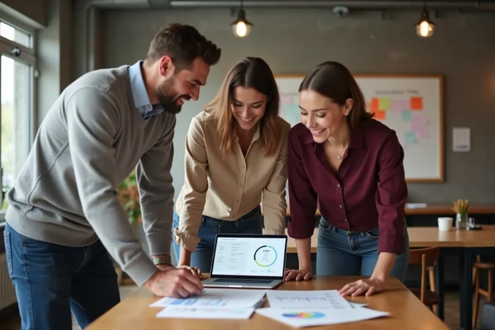 Équipe professionnelle collaborant autour de rapports CRM et d'un ordinateur portable en salle de réunion