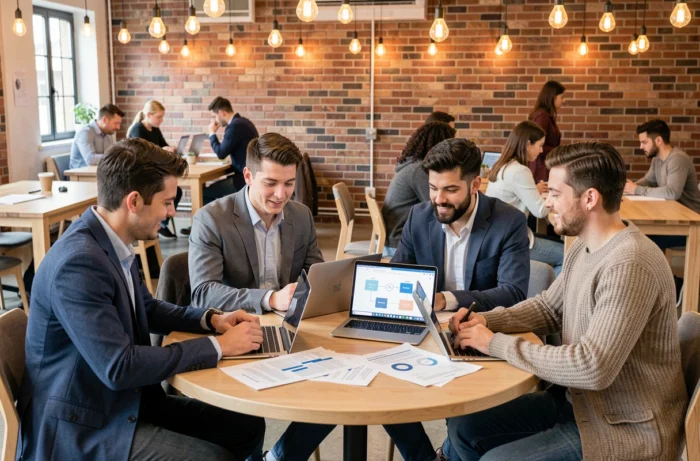 Équipe de jeunes professionnels collaborant autour de solutions business personnalisées dans un espace de coworking dynamique