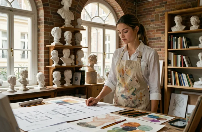 Étudiante en prépa artistique examinant son portfolio dans un atelier d'art français aux murs en brique