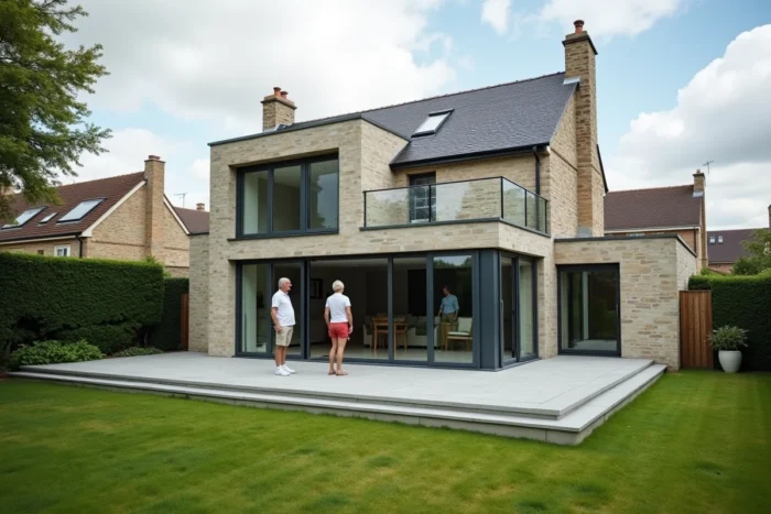 Couple devant leur extension de maison terminée avec terrasse dans un pavillon des Yvelines