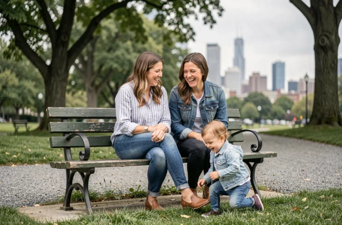 Deux femmes et leur enfant en bas âge dans un parc urbain, représentant un modèle familial homoparental moderne et épanoui