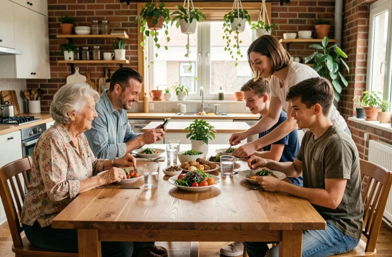 Famille multigénérationnelle réunie autour d'un repas dominical dans une cuisine moderne, illustrant la diversité des liens familiaux aujourd'hui