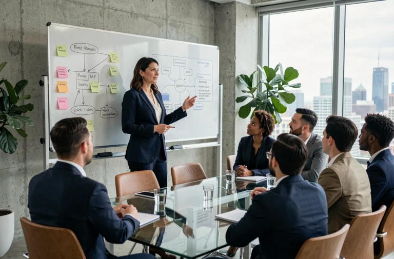 Femme d'affaires présentant des solutions innovantes à son équipe dans un bureau moderne avec tableau blanc stratégique