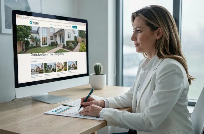 Femme professionnelle utilisant une agence immobilière en ligne depuis son bureau à domicile