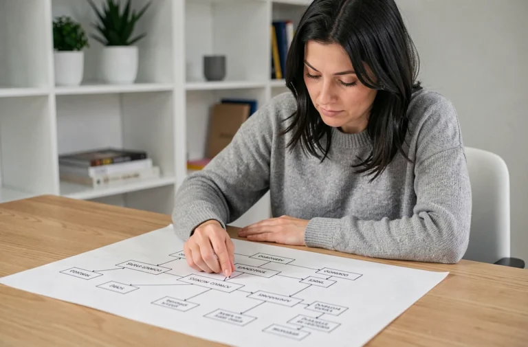 Femme analysant une carte de site web dessinée à la main sur un bureau en bois dans un bureau à domicile moderne