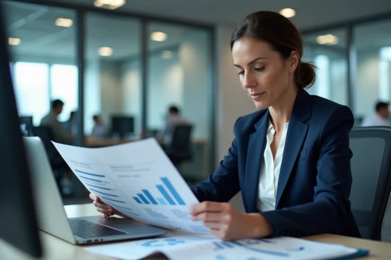Femme professionnelle analysant des documents financiers dans un bureau moderne, illustrant le partage d'informations entre organismes de crédit