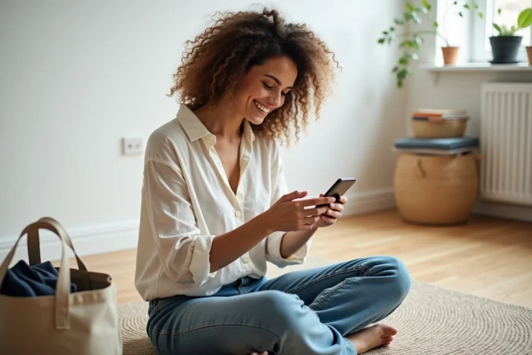 Femme parcourant une application de vente de vêtements de seconde main sur son smartphone dans un salon scandinave moderne