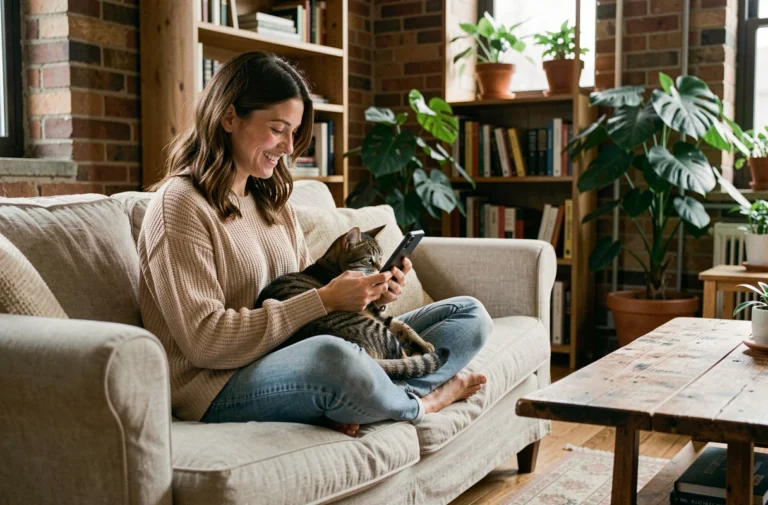 Femme souriante sur un canapé en lin utilisant l'application Aplouf sur son smartphone avec son chat tigré sur les genoux