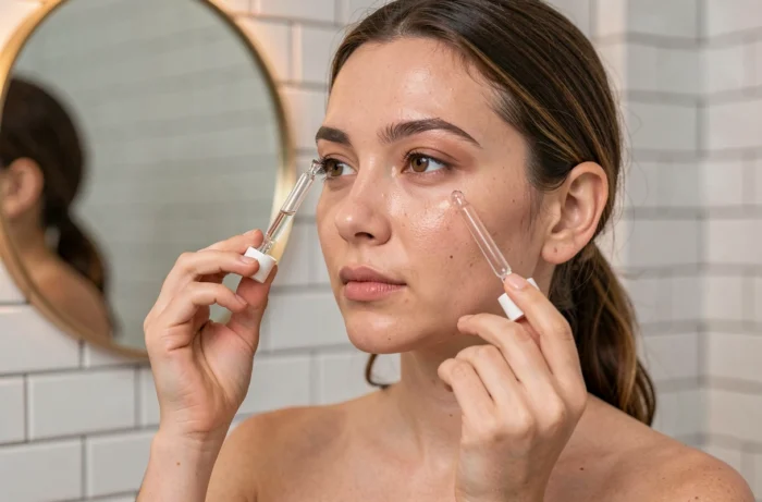 Jeune femme appliquant un sérum transparent avec un compte-gouttes dans une salle de bain moderne aux carreaux blancs, routine de soin visage naturelle