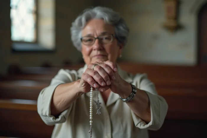 Femme tenant un chapelet nacré avec une croix en argent dans une église, ambiance recueillie et contemplative