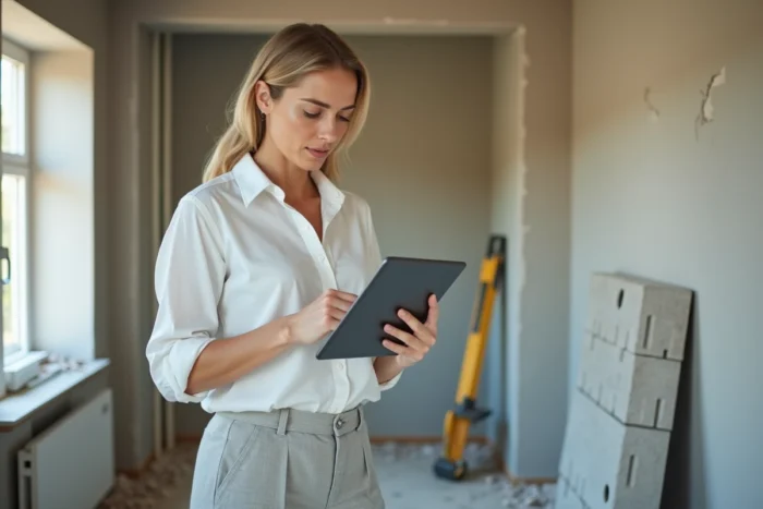 Femme consultant une plateforme de mise en relation artisans sur tablette dans une cuisine en rénovation