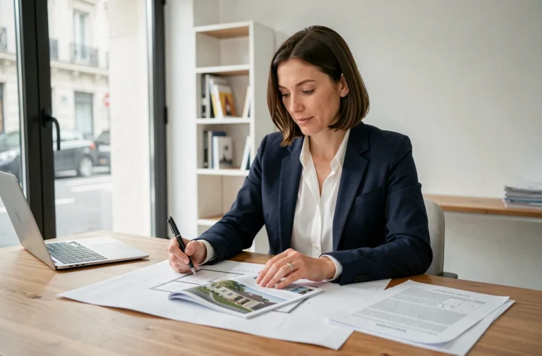 Femme consultant des plans immobiliers dans une agence moderne à Paris pour préparer son projet d'achat