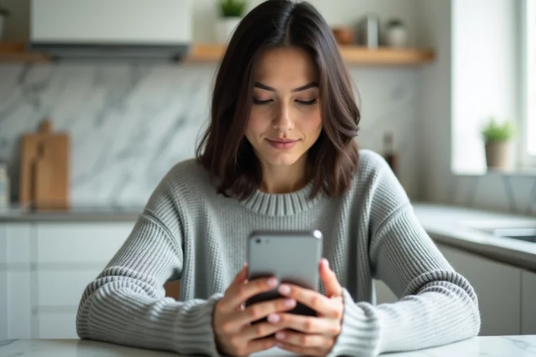 Femme consultant l'espace client Merci Victor sur son smartphone depuis sa cuisine pour accéder à ses garanties