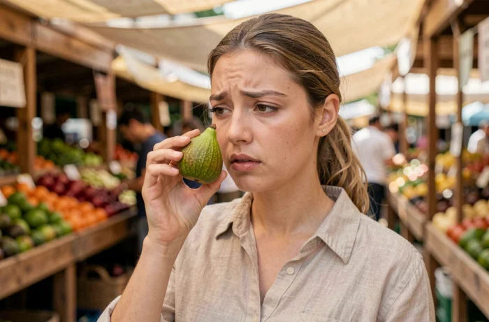 Femme tenant une figue verte non mûre et l'examinant avec attention dans un marché de producteurs, symbolisant la vigilance face aux fruits immatures