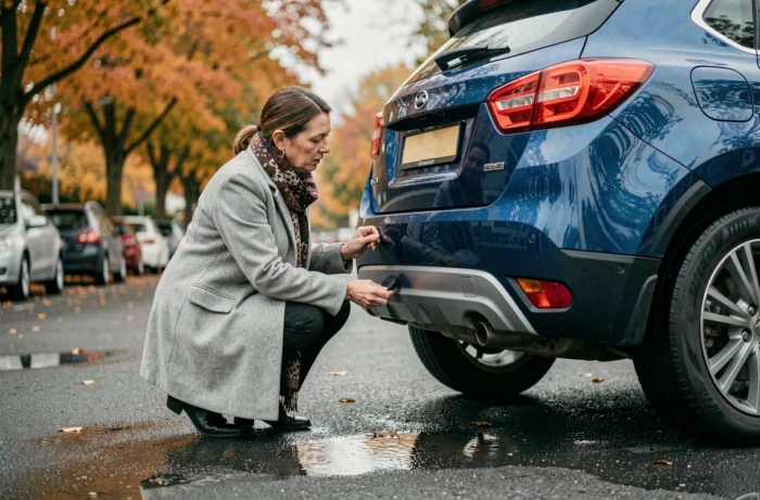 Femme fixant une balise Bluetooth sous le pare-chocs d'un SUV garé dans une rue résidentielle en automne