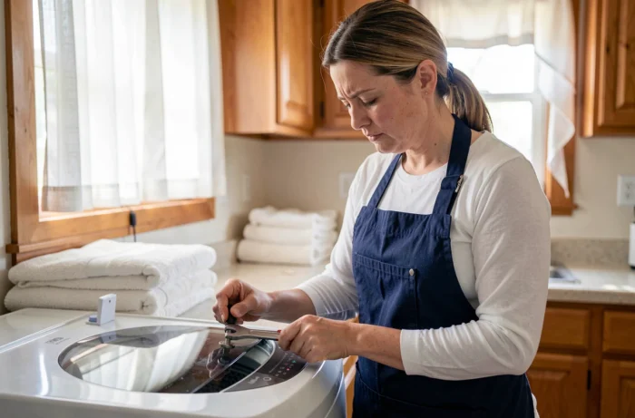 Femme réparant et fixant le tambour d'une machine à laver top-loading dans une cuisine