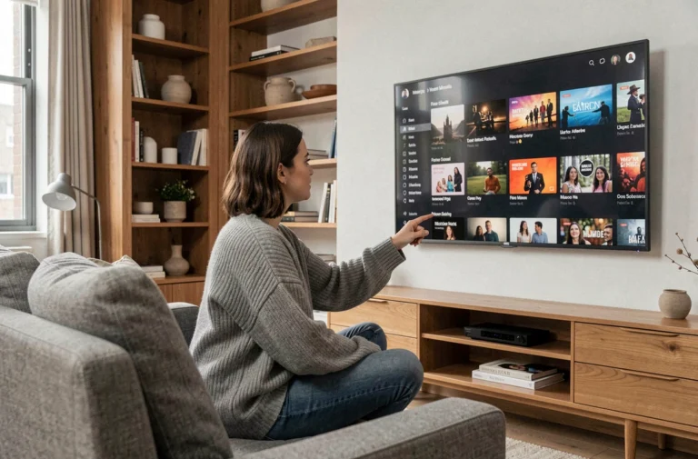 Femme découvrant les fonctionnalités cachées d'une plateforme de streaming sur un grand écran de télévision dans un salon moderne