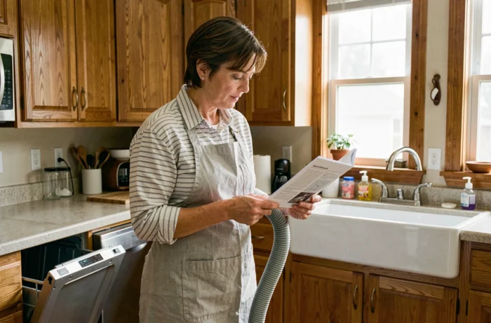 Femme consultant un guide d'installation pour brancher l'évacuation de son lave-vaisselle sur l'évier de cuisine