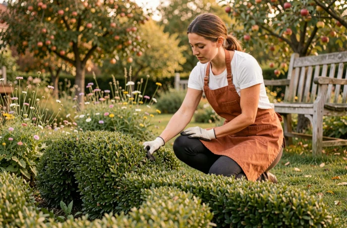 Femme jardinière inspectant une haie ornementale taillée en vagues dans un jardin champêtre