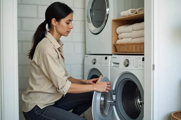 Femme utilisant un lave-linge moderne dans une buanderie bien organisée, équipement essentiel de la maison