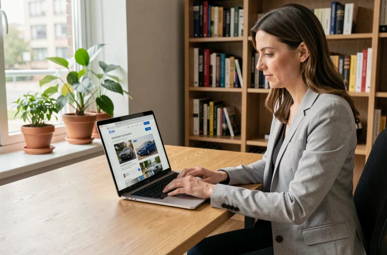 Femme consultant le plan du site Auto World sur un ordinateur portable dans un bureau à domicile moderne
