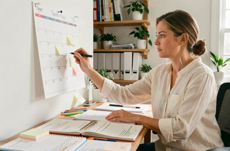 Femme organisant ses tâches avec différents types de calendriers de planification sur un bureau en bois