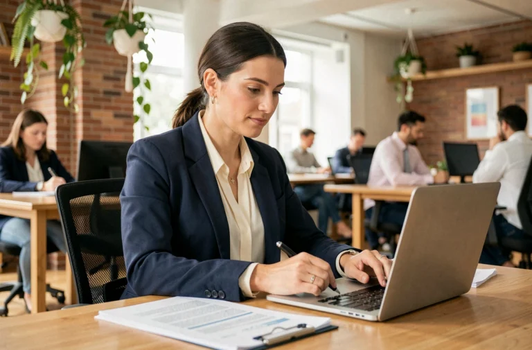 Femme professionnelle concentrée à son bureau dans un open-space moderne, illustrant la réussite et l'épanouissement au travail